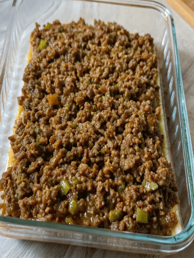 bottom layer of bread (rolls) inside the baking dish. Add the meat mixture spread to cover the bread