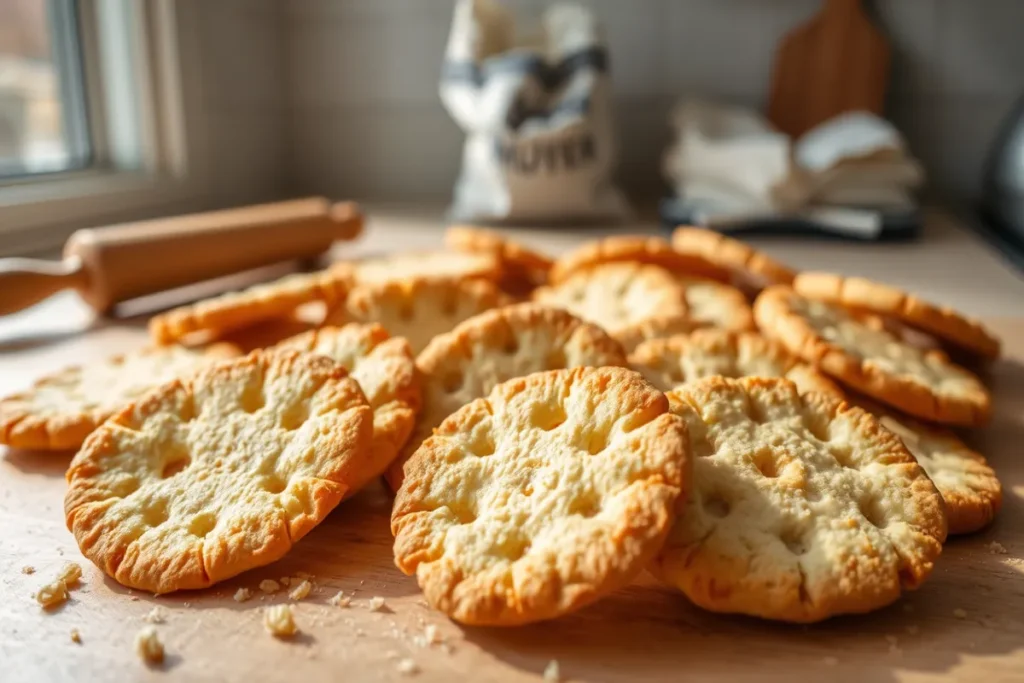 An amateur photo of freshly baked sourdough crackers, laid out on a simple kitchen counter. The crackers are rustic with uneven edges, showing golden brown spots and a slight puff from the baking process