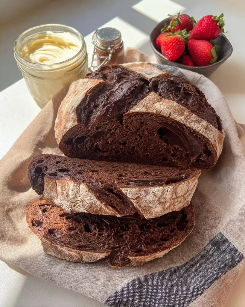 Chocolate sourdough bread slice with an open crumb, dark cocoa dough, and pockets of melted chocolate, crisp crust and soft interior texture