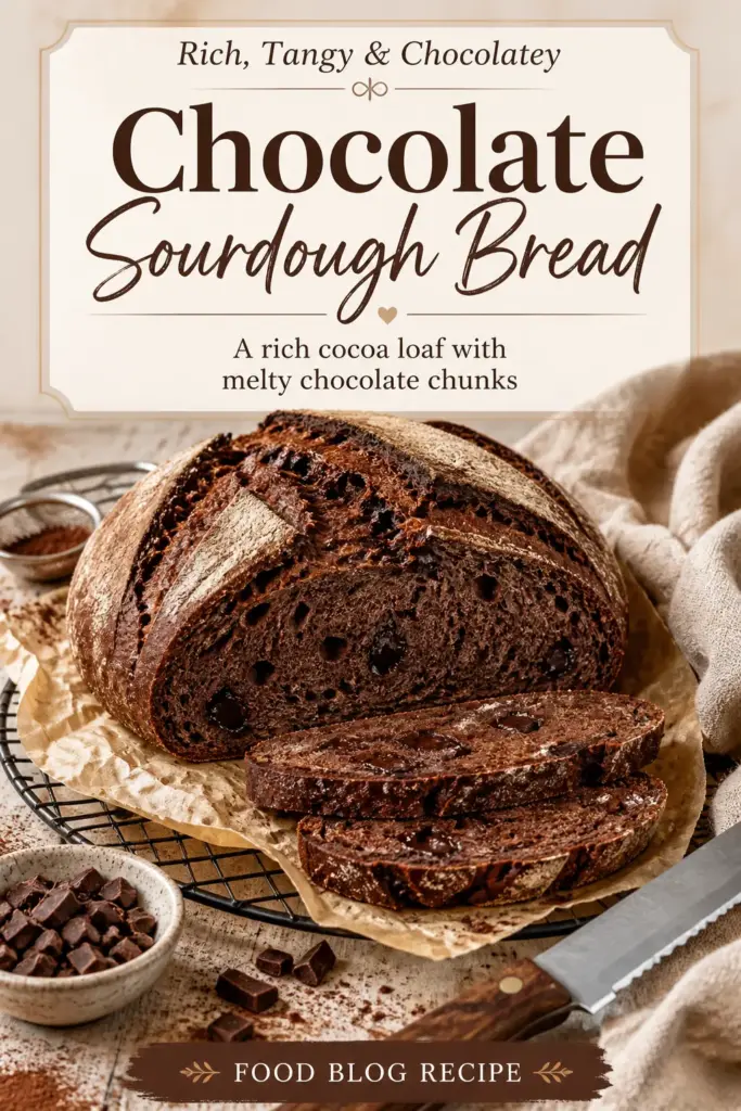 Chocolate sourdough bread styled on a rustic surface with cocoa elements and artisan presentation, Chocolate Sourdough Bread title in the design