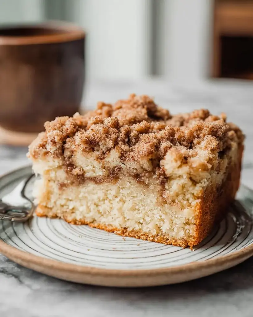 Close-up of Sourdough Coffee Cake showing moist layers, rich cinnamon filling, and crunchy streusel topping with a soft fluffy texture