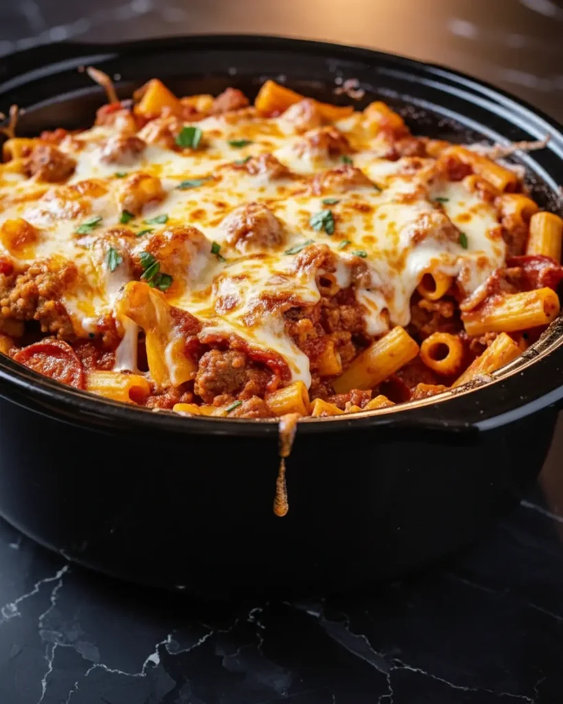 Delicious Crock Pot Pizza Casserole! A cheesy slow cooker pasta bake with sausage, pepperoni, or your favorite toppings in a homemade sauce