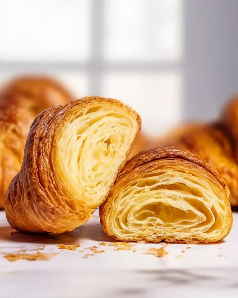 Flaky sourdough croissant with golden buttery layers, crisp exterior and soft airy interior, detailed lamination visible in a close-up slice