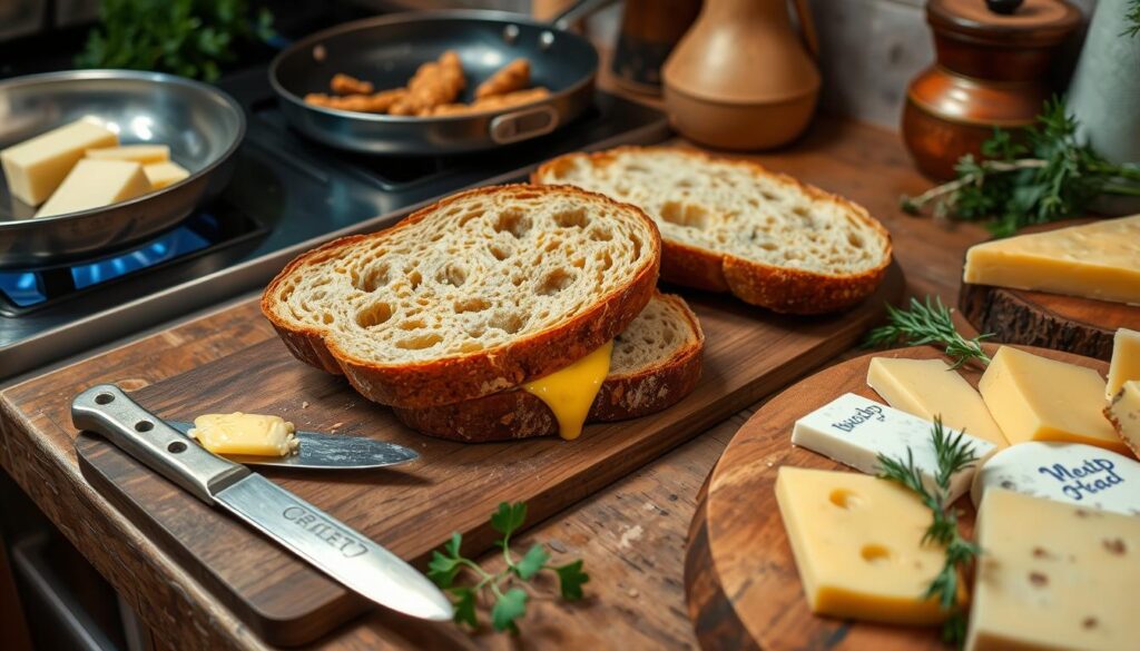 sourdough bread, cheese, and cooking tools