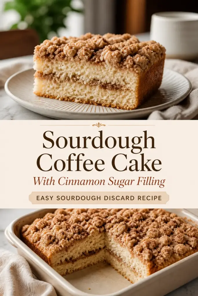 Sourdough coffee cake styled on a serving plate with crumb topping and cozy bakery setting, Sourdough Coffee Cake title centered in the design