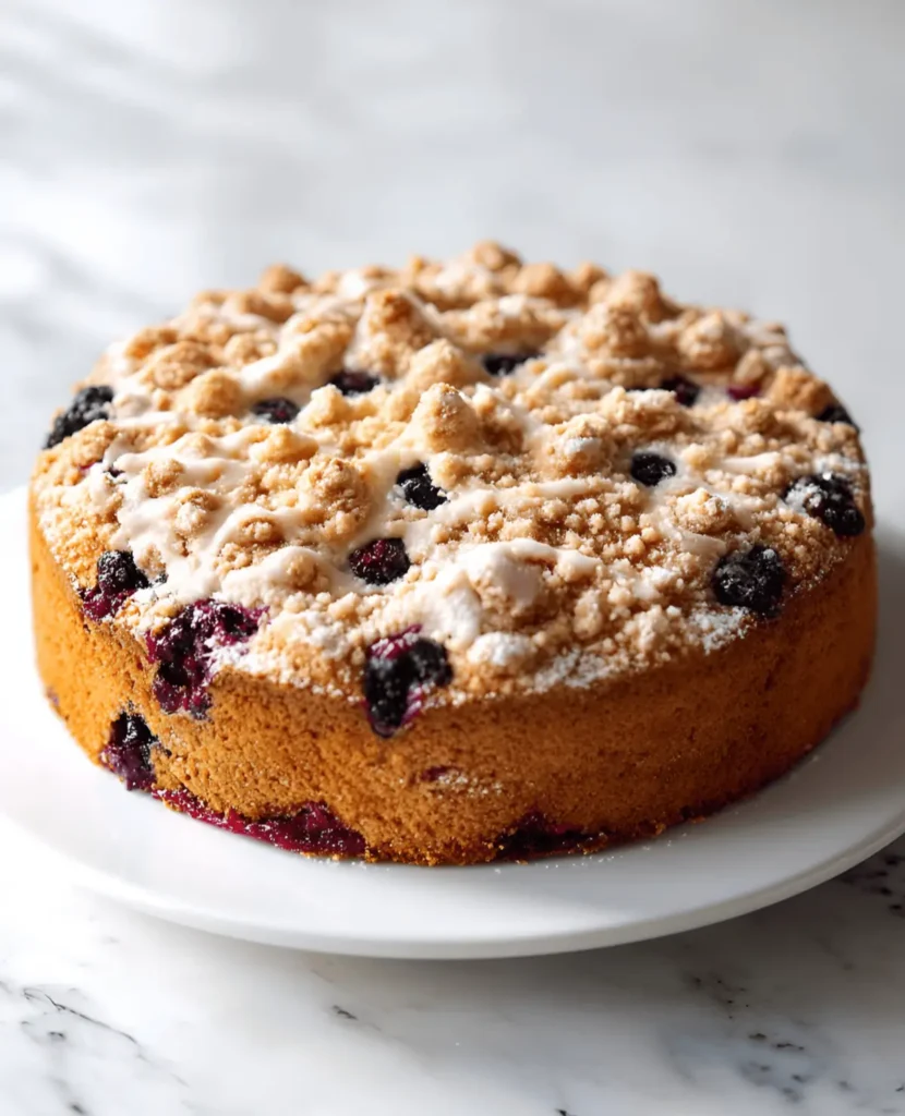 Whole, unsliced blueberry muffin cake displayed on a white ceramic cake plate, on a white-veined marble countertop.