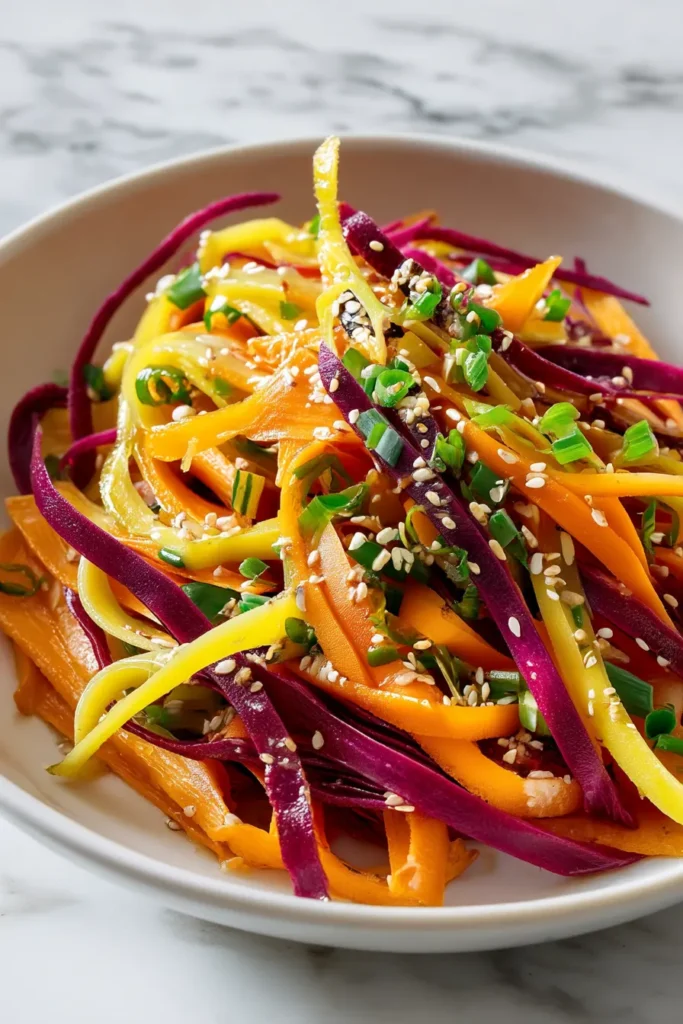 Close-up of fork holding Retinol Carrot Salad with scallions and glistening sesame dressing