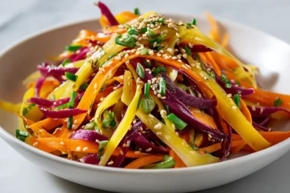 Overhead view of vibrant Retinol Carrot Salad with rainbow carrot ribbons and sesame seeds in a white bowl