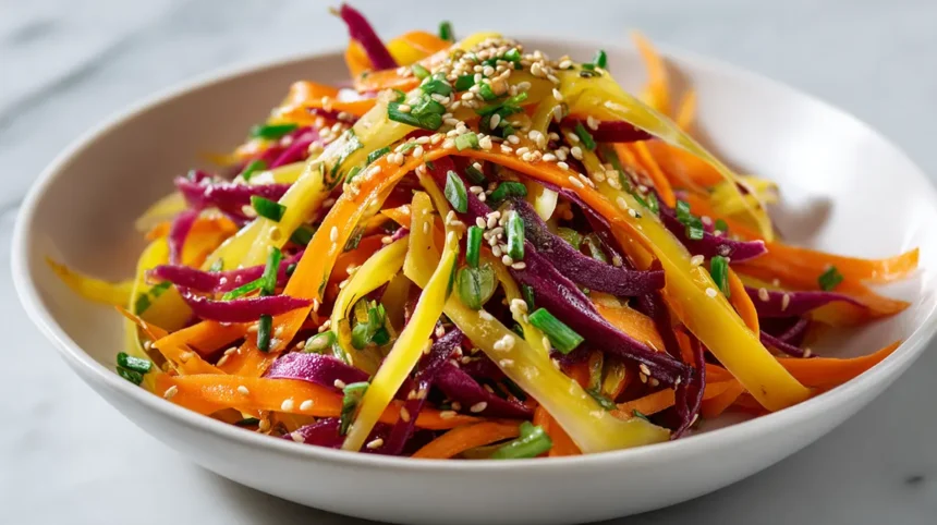 Overhead view of vibrant Retinol Carrot Salad with rainbow carrot ribbons and sesame seeds in a white bowl