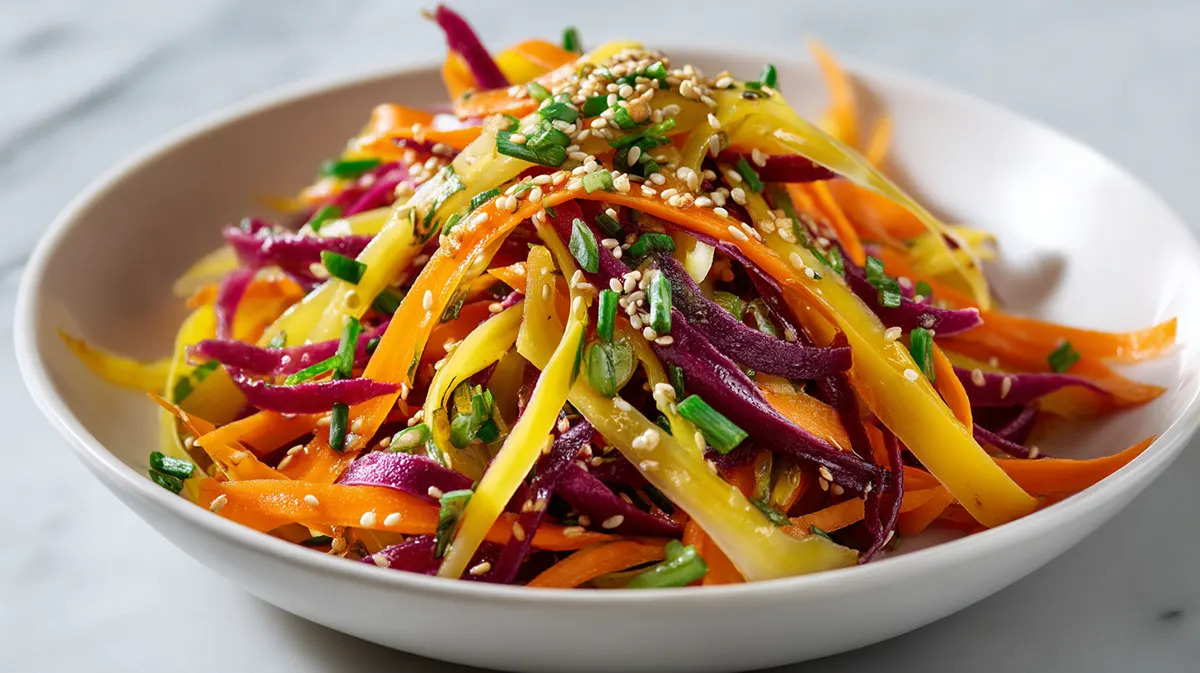 Overhead view of vibrant Retinol Carrot Salad with rainbow carrot ribbons and sesame seeds in a white bowl