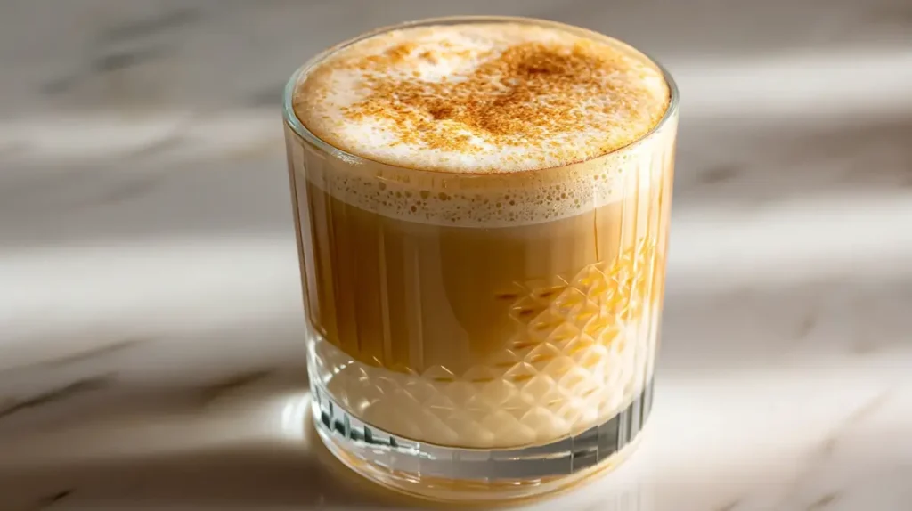 Salted tahini latte in a glass mug topped with sesame seeds and a honey drizzle