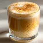 Salted tahini latte in a glass mug topped with sesame seeds and a honey drizzle