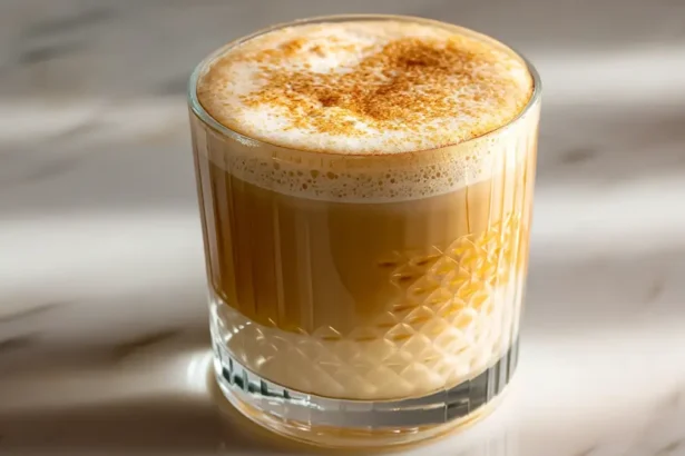 Salted tahini latte in a glass mug topped with sesame seeds and a honey drizzle